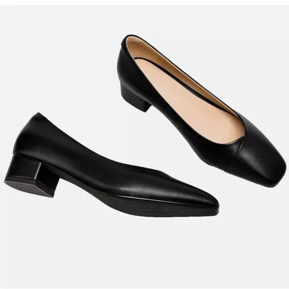 NEW IN BOX! FEMSTEP BLACK LEATHER SQUARE TOE HEELS PUMPS DRESS SHOES WOMENS 7.5