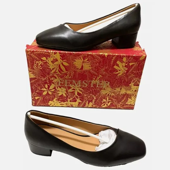 NEW IN BOX! FEMSTEP BLACK LEATHER SQUARE TOE HEELS PUMPS DRESS SHOES WOMENS 7.5