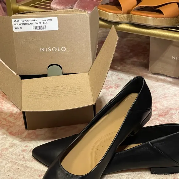 New In Box Nisolo Black Fina Pointed Toe Leather Flats Size 10 French Girl Style