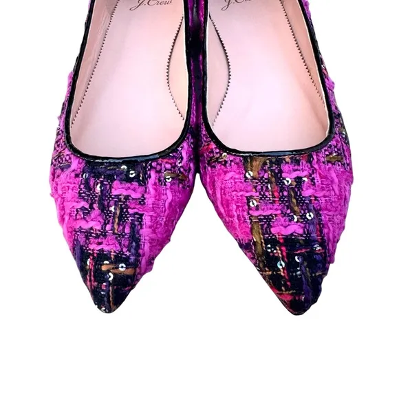 NEW J. Crew Sequin Tweed Ballet Flats Fresh Berry Leather Pointed Toe Patent
