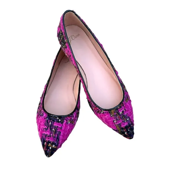 NEW J. Crew Sequin Tweed Ballet Flats Fresh Berry Leather Pointed Toe Patent
