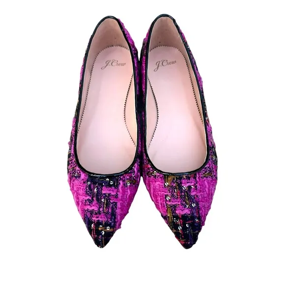 NEW J. Crew Sequin Tweed Ballet Flats Fresh Berry Leather Pointed Toe Patent