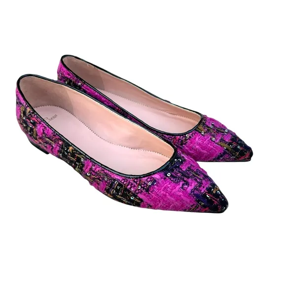 NEW J. Crew Sequin Tweed Ballet Flats Fresh Berry Leather Pointed Toe Patent