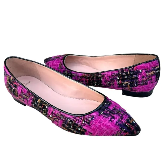 NEW J. Crew Sequin Tweed Ballet Flats Fresh Berry Leather Pointed Toe Patent