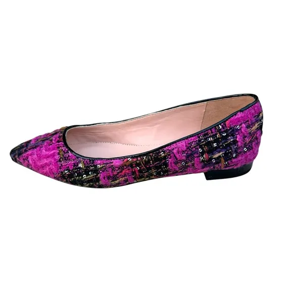 NEW J. Crew Sequin Tweed Ballet Flats Fresh Berry Leather Pointed Toe Patent