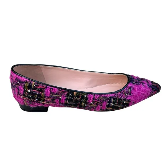 NEW J. Crew Sequin Tweed Ballet Flats Fresh Berry Leather Pointed Toe Patent