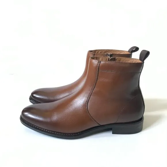 NEW Johnston &amp; Murphy Lewis Side Zip Boots Mens 8 Brown Full Grain Leather NIB