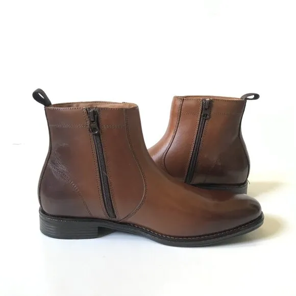 NEW Johnston &amp; Murphy Lewis Side Zip Boots Mens 8 Brown Full Grain Leather NIB