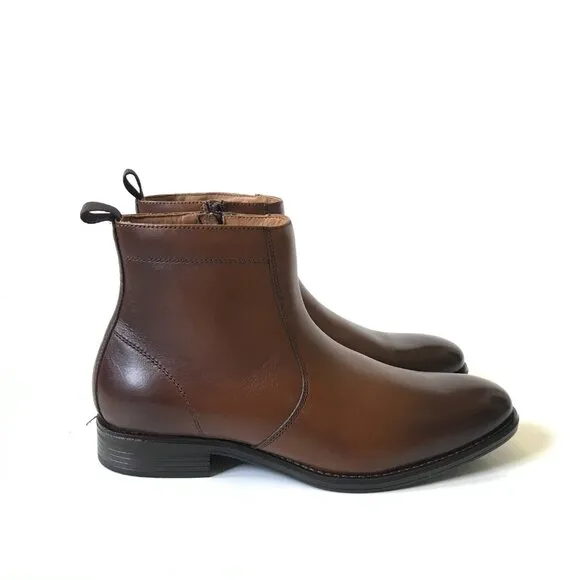 NEW Johnston &amp; Murphy Lewis Side Zip Boots Mens 8 Brown Full Grain Leather NIB