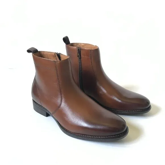 NEW Johnston &amp; Murphy Lewis Side Zip Boots Mens 8 Brown Full Grain Leather NIB