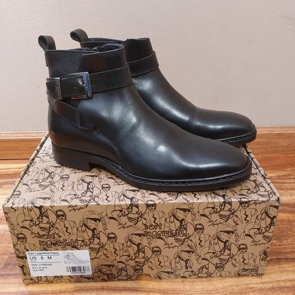 New KARL LAGERFELD PARISMen's Leather Side-Zip Buckle Boots size 8