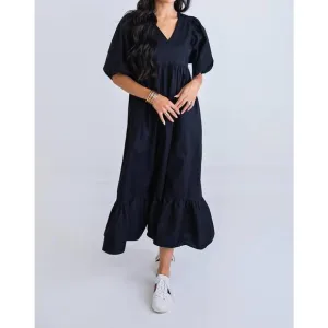 NEW KARLIE poplin v neck maxi dress in black
