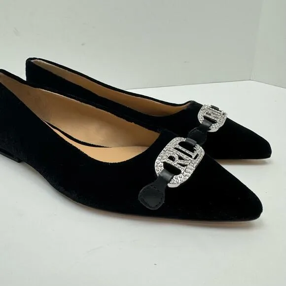 NEW Lauren Ralph Lauren | Lilah Black Velvet Crystal Logo Pointed Toe Flats