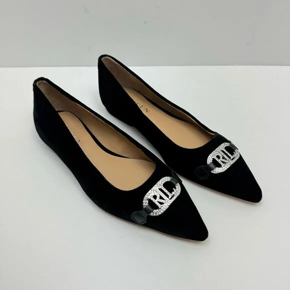 NEW Lauren Ralph Lauren | Lilah Black Velvet Crystal Logo Pointed Toe Flats