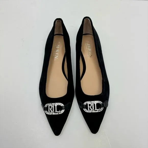 NEW Lauren Ralph Lauren | Lilah Black Velvet Crystal Logo Pointed Toe Flats
