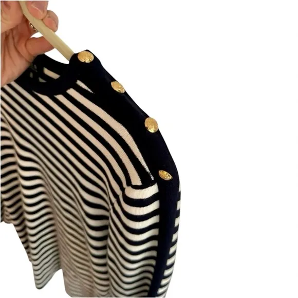 NEW Lauren Ralph Lauren Nautical Navy White Striped Silk Blend Knit Sweater | M