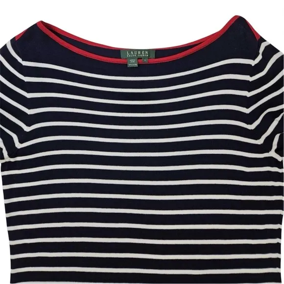 NEW LAUREN RALPH LAUREN Striped Cotton Knit Top Navy White Nautical Shirt Large
