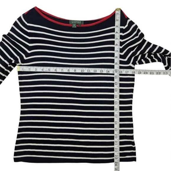 NEW LAUREN RALPH LAUREN Striped Cotton Knit Top Navy White Nautical Shirt Large