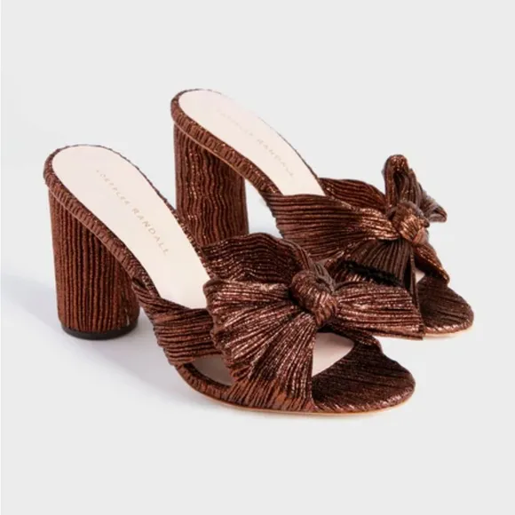 new Loeffler Randall Penny pleated mocha metallic mule knot heel
