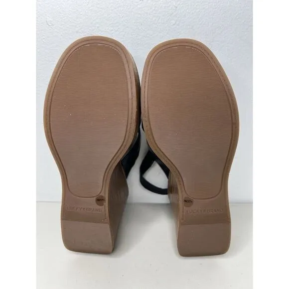 New Lucky Brand Delaynee Platform Wedge Slingback Sandal Black Leather Size 7