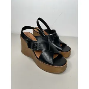 New Lucky Brand Delaynee Platform Wedge Slingback Sandal Black Leather Size 7