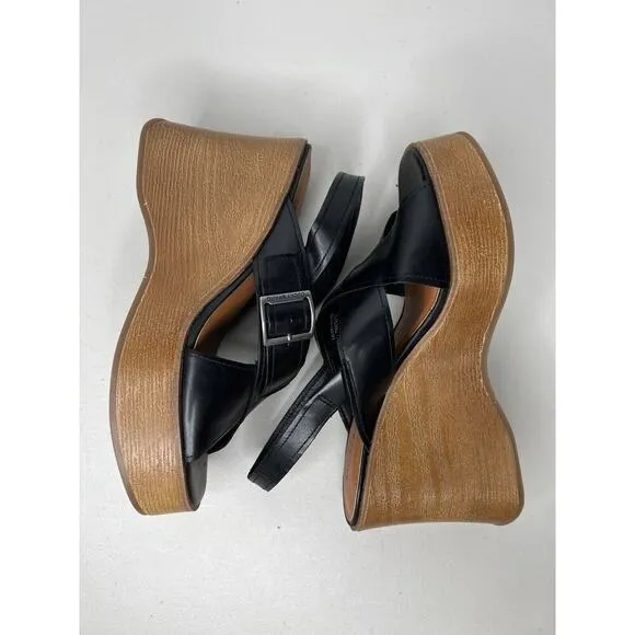 New Lucky Brand Delaynee Platform Wedge Slingback Sandal Black Leather Size 7