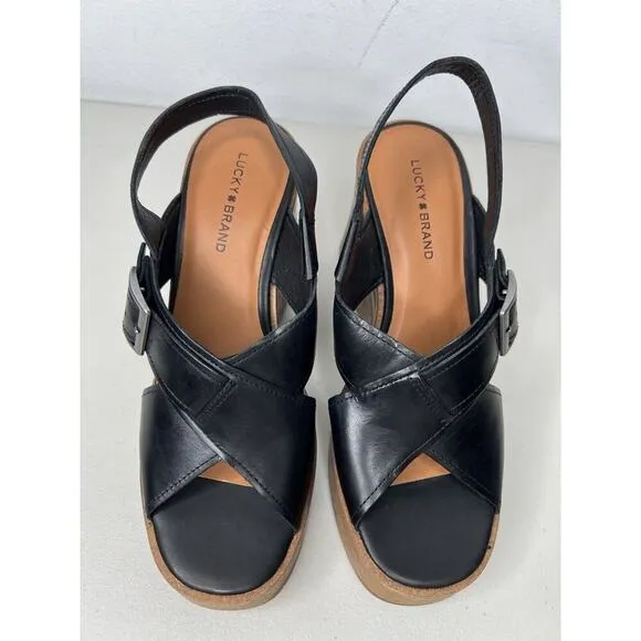 New Lucky Brand Delaynee Platform Wedge Slingback Sandal Black Leather Size 7