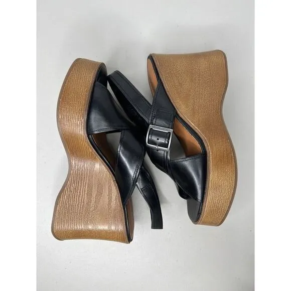 New Lucky Brand Delaynee Platform Wedge Slingback Sandal Black Leather Size 7