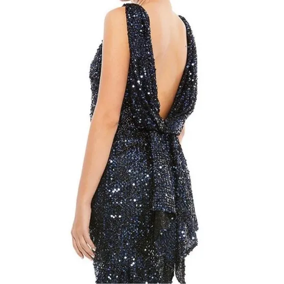 New! Mac Duggal Midnight Cowl Back Boat Neck Sequined Evening Gown 26331‎ Sz 10
