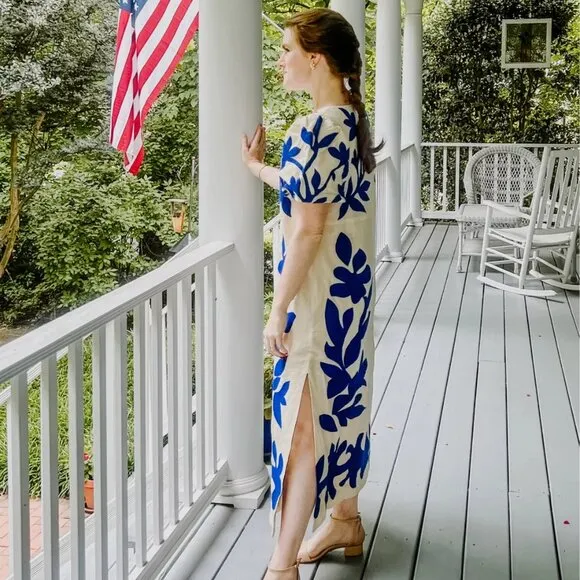 New Magaschoni Floral Embroidered Blue/White Midi Dress NWT Sézane Osiris Dress