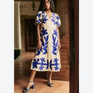New Magaschoni Floral Embroidered Blue/White Midi Dress NWT Sézane Osiris Dress