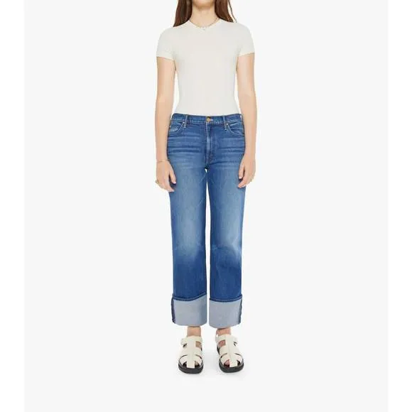 NEW MOTHER checkerboard duster flood cuff jeans in bunny hop