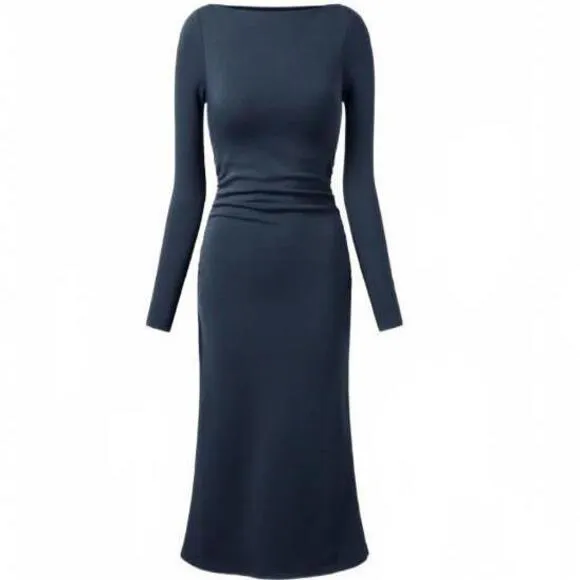 NEW OGL Thermal Boatneck Ruched Sides Brami Midi Dress in Ink Blue, Size M
