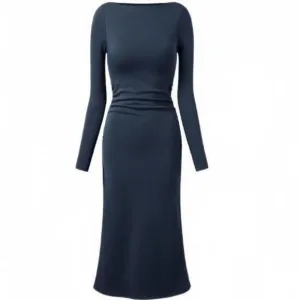 NEW OGL Thermal Boatneck Ruched Sides Brami Midi Dress in Ink Blue, Size M