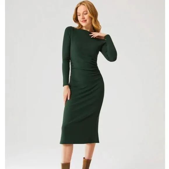 NEW OGL Thermal Boatneck Ruched Sides Brami Midi Dress in Ink Blue/Navy, Size M