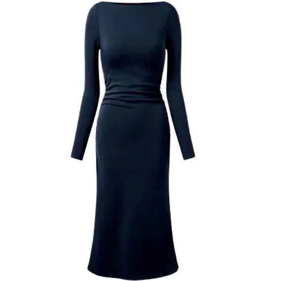 NEW OGL Thermal Boatneck Ruched Sides Brami Midi Dress in Ink Blue/Navy, Size M