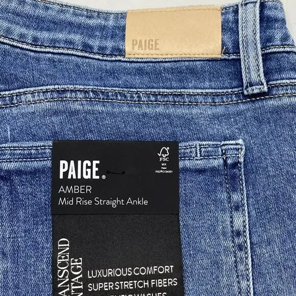 NEW PAIGE Womens Jean Tapestry Blue Size 31 Amber Mid Rise Straight Leg
