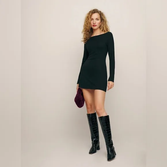 new Reformation Jaelynn long sleeve knit mini dress boat neck in black