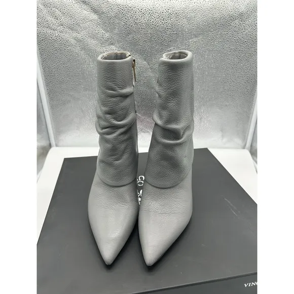 New Vince Camuto Blaira Leather Side Zip Mid Shaft Stiletto Heel Boots Gray 6M