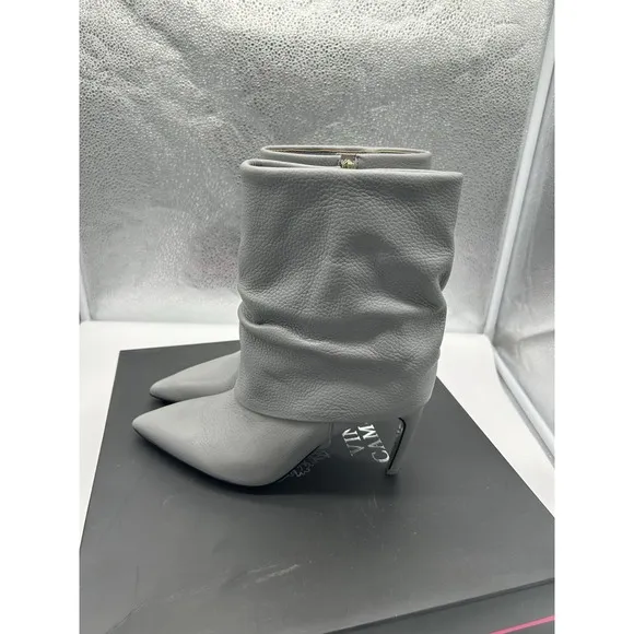New Vince Camuto Blaira Leather Side Zip Mid Shaft Stiletto Heel Boots Gray 6M