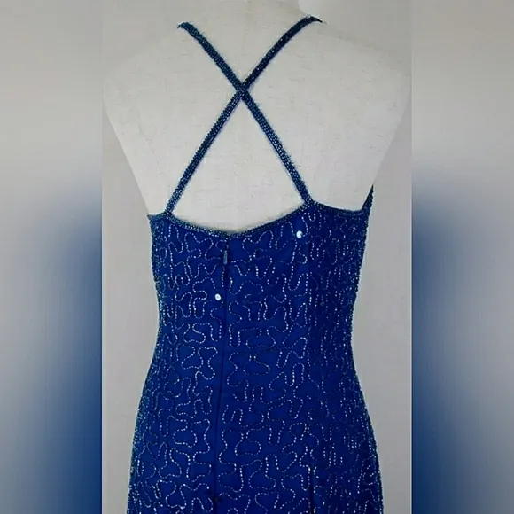 New Vintage XL Silk Sequin Beaded Sparkling Formal Midnight Blue Ball Gown