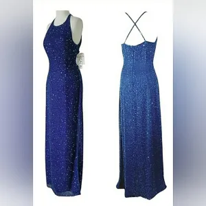 New Vintage XL Silk Sequin Beaded Sparkling Formal Midnight Blue Ball Gown