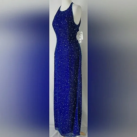 New Vintage XL Silk Sequin Beaded Sparkling Formal Midnight Blue Ball Gown