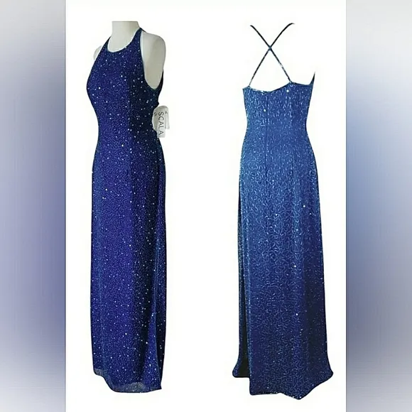 New Vintage XL Silk Sequin Beaded Sparkling Formal Midnight Blue Ball Gown