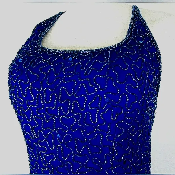 New Vintage XL Silk Sequin Beaded Sparkling Formal Midnight Blue Ball Gown