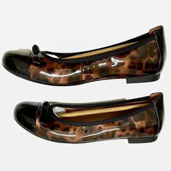 NEW! VIONIC AMORIE SKIMMERS BALLET FLATS BLACK PATENT LEATHER LEOPARD WOMENS 7.5
