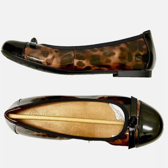 NEW! VIONIC AMORIE SKIMMERS BALLET FLATS BLACK PATENT LEATHER LEOPARD WOMENS 7.5