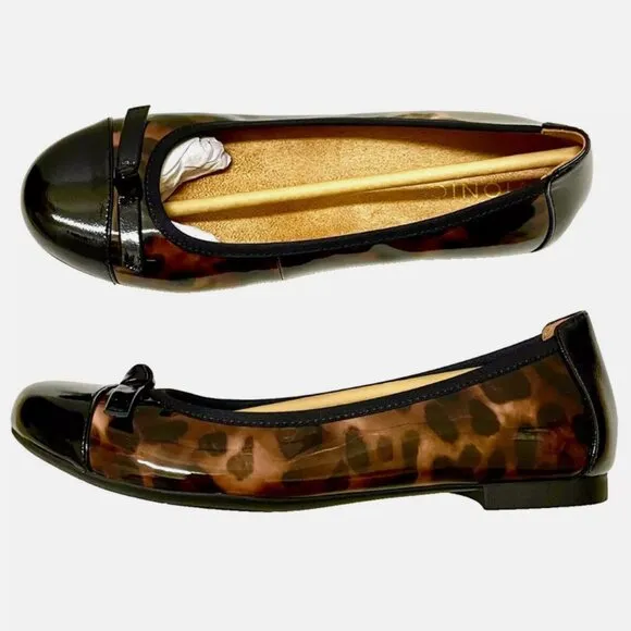 NEW! VIONIC AMORIE SKIMMERS BALLET FLATS BLACK PATENT LEATHER LEOPARD WOMENS 7.5