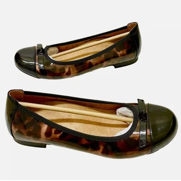 NEW! VIONIC AMORIE SKIMMERS BALLET FLATS BLACK PATENT LEATHER LEOPARD WOMENS 7.5