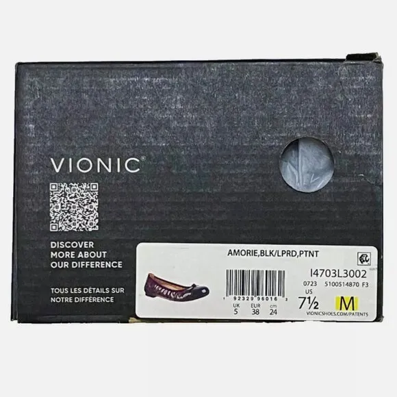 NEW! VIONIC AMORIE SKIMMERS BALLET FLATS BLACK PATENT LEATHER LEOPARD WOMENS 7.5